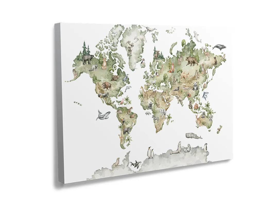Kurkborden op canvas met artistieke wereldkaart met dieren – formaat 120 × 80 cm