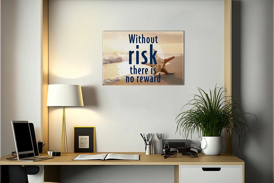 Kurkborden op canvas met motiverende quote zonder risico geen beloning – formaat 140 × 100 cm