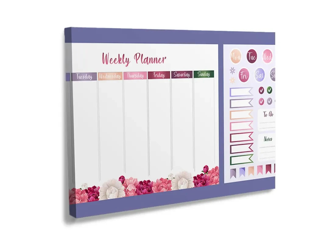Kurkborden op canvas met paarse weekplanner met stickers – formaat 120 × 80 cm