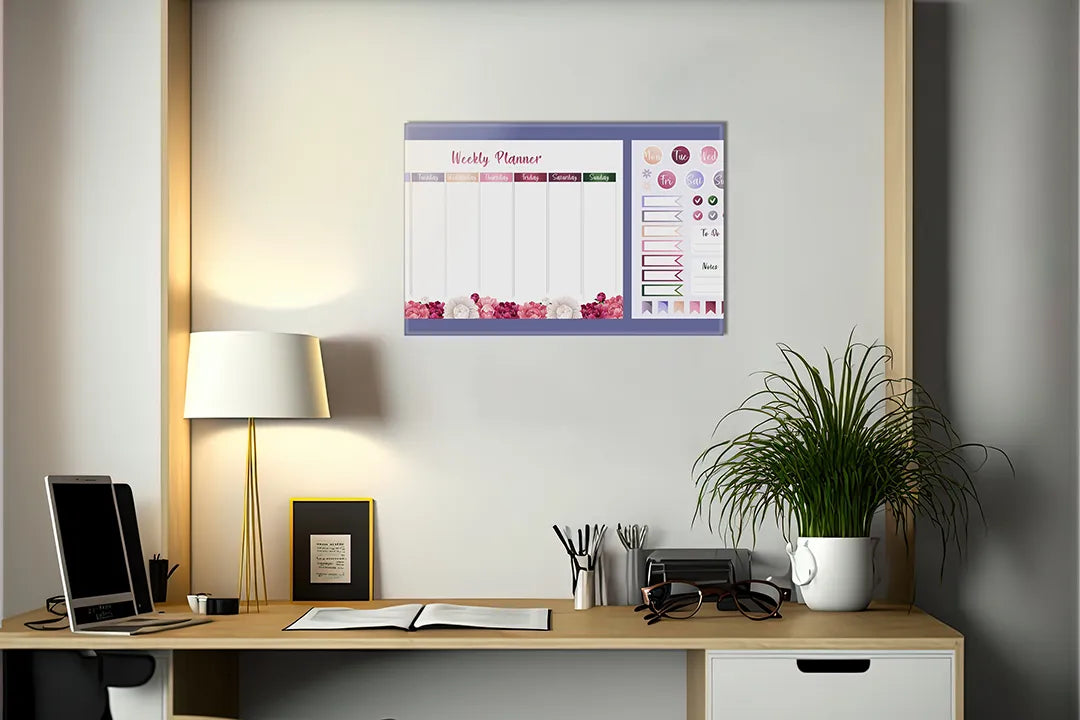Kurkborden op canvas met paarse weekplanner met stickers – formaat 140 × 100 cm