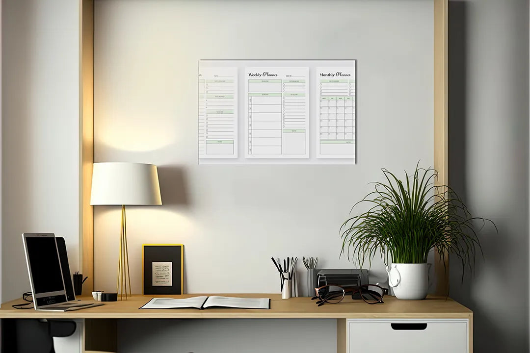 Kurkborden op canvas met driedelige groene planner – formaat 140 × 100 cm