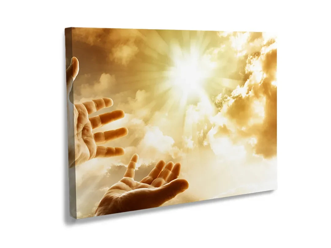 Kork-Pinnwände auf Leinwand mit hände im sonnenlicht und in den wolken – Format 120 × 80 cm