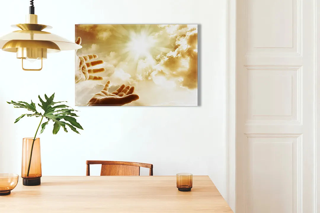 Kurkborden op canvas met handen in zonlicht en wolken – formaat 100 × 70 cm
