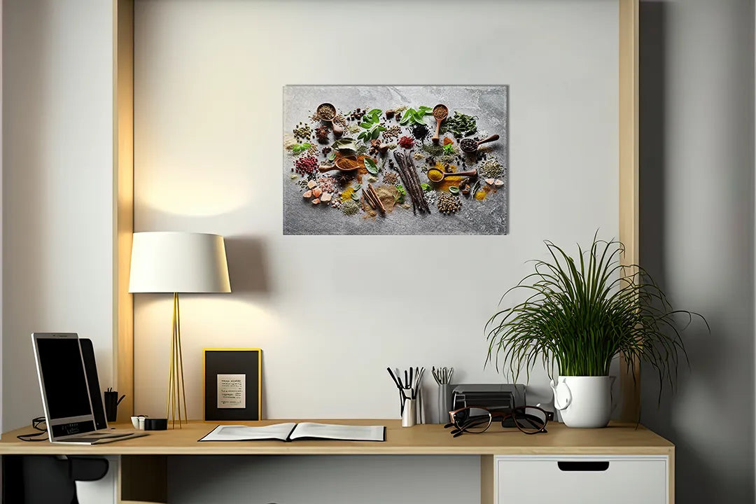 Kurkborden op canvas met kruiden en specerijen rondom werkvlak – formaat 140 × 100 cm