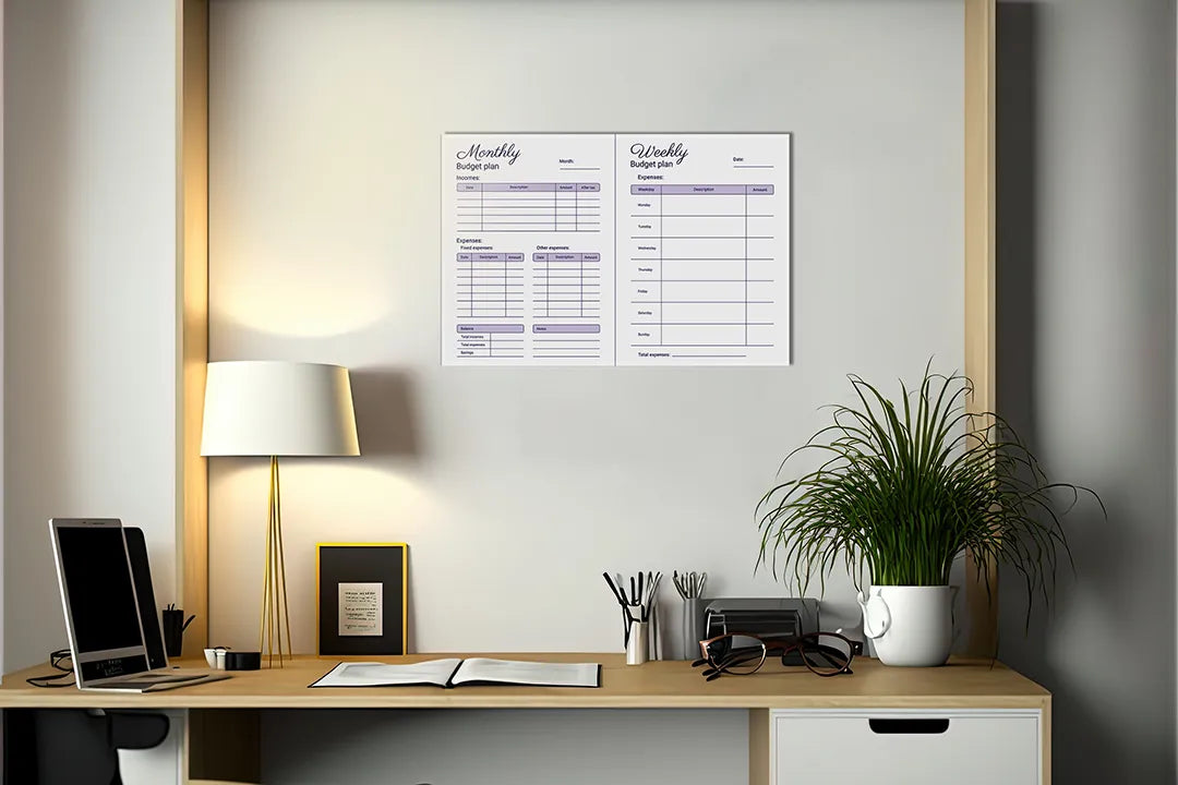 Kurkborden op canvas met paarse maandbudgetplanner – formaat 140 × 100 cm
