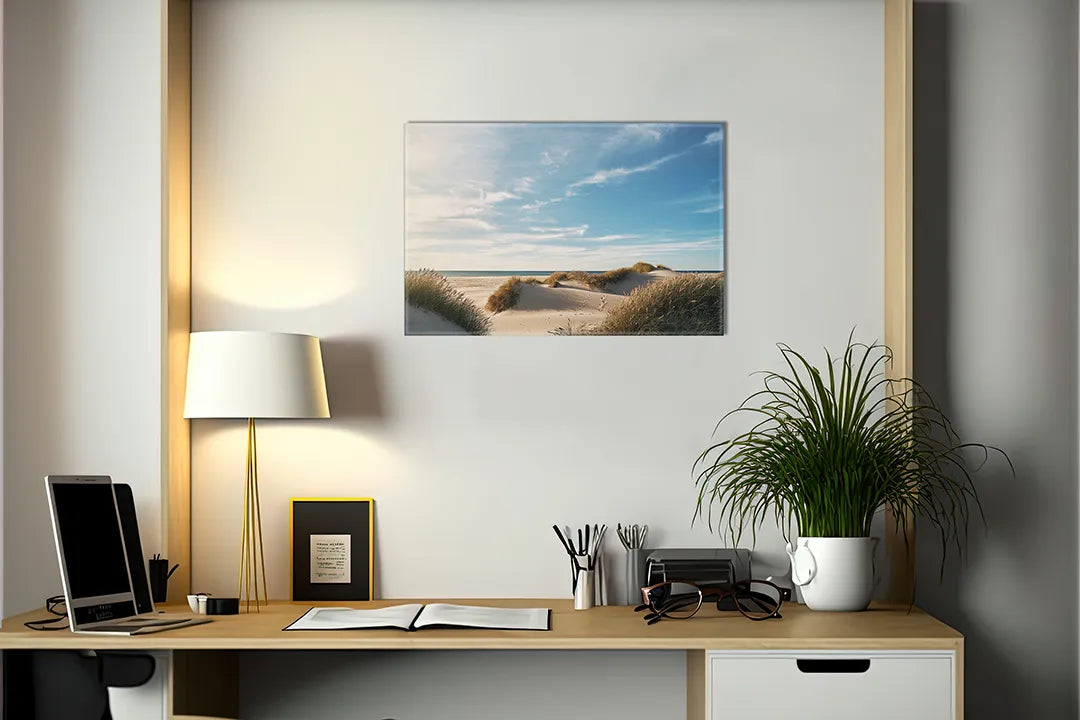 Kurkborden op canvas met duinen onder blauwe zomerhemel – formaat 140 × 100 cm