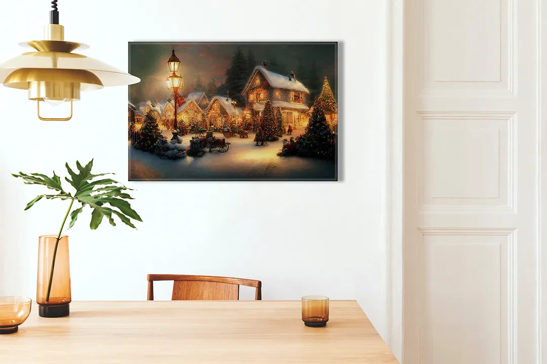 Kurkborden op canvas met winterdorp met lantaarnlicht – formaat 100 × 70 cm