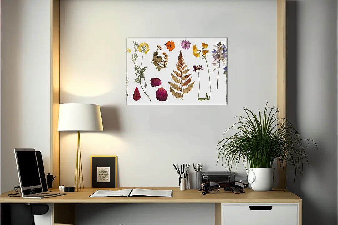 Kurkborden op canvas met botanische bladeren en bloemenillustratie – formaat 140 × 100 cm