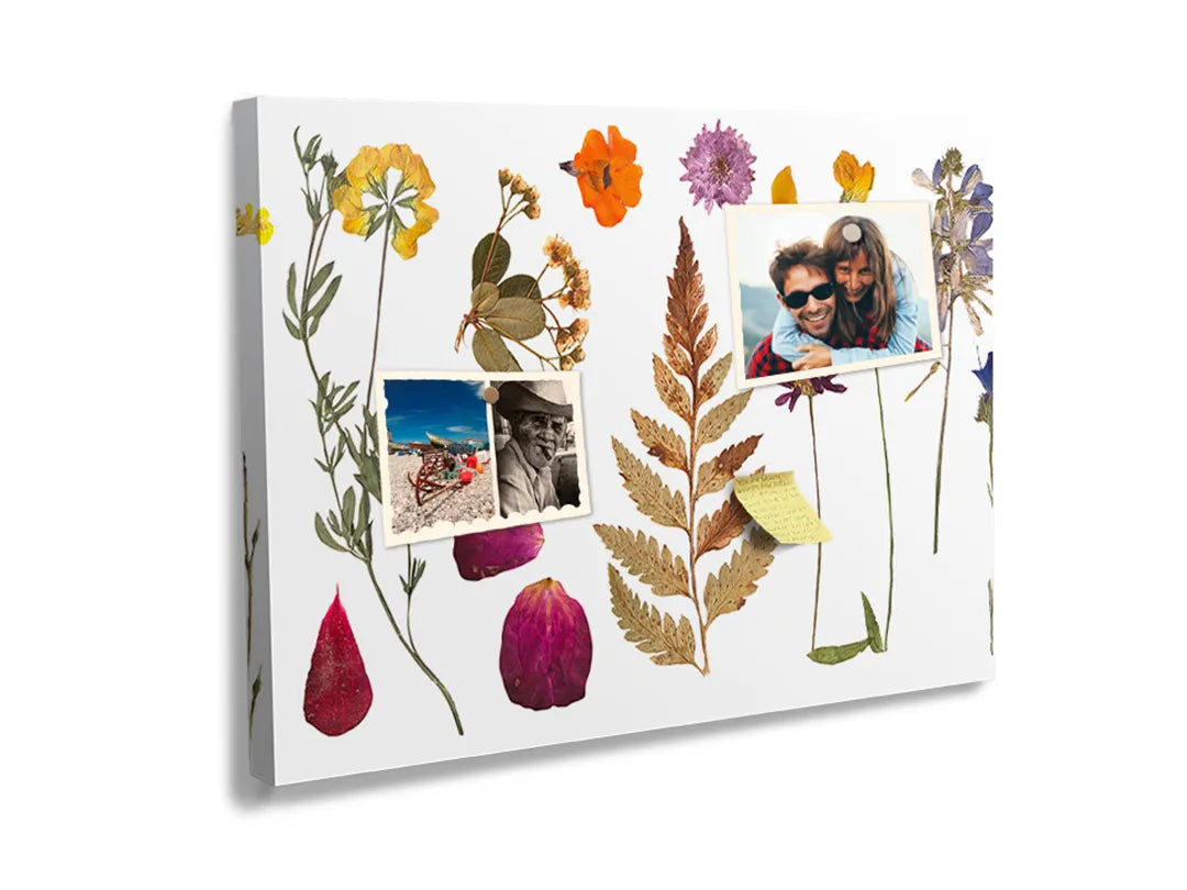 Kurkborden op canvas met botanische bladeren en bloemenillustratie – formaat 60 × 40 cm
