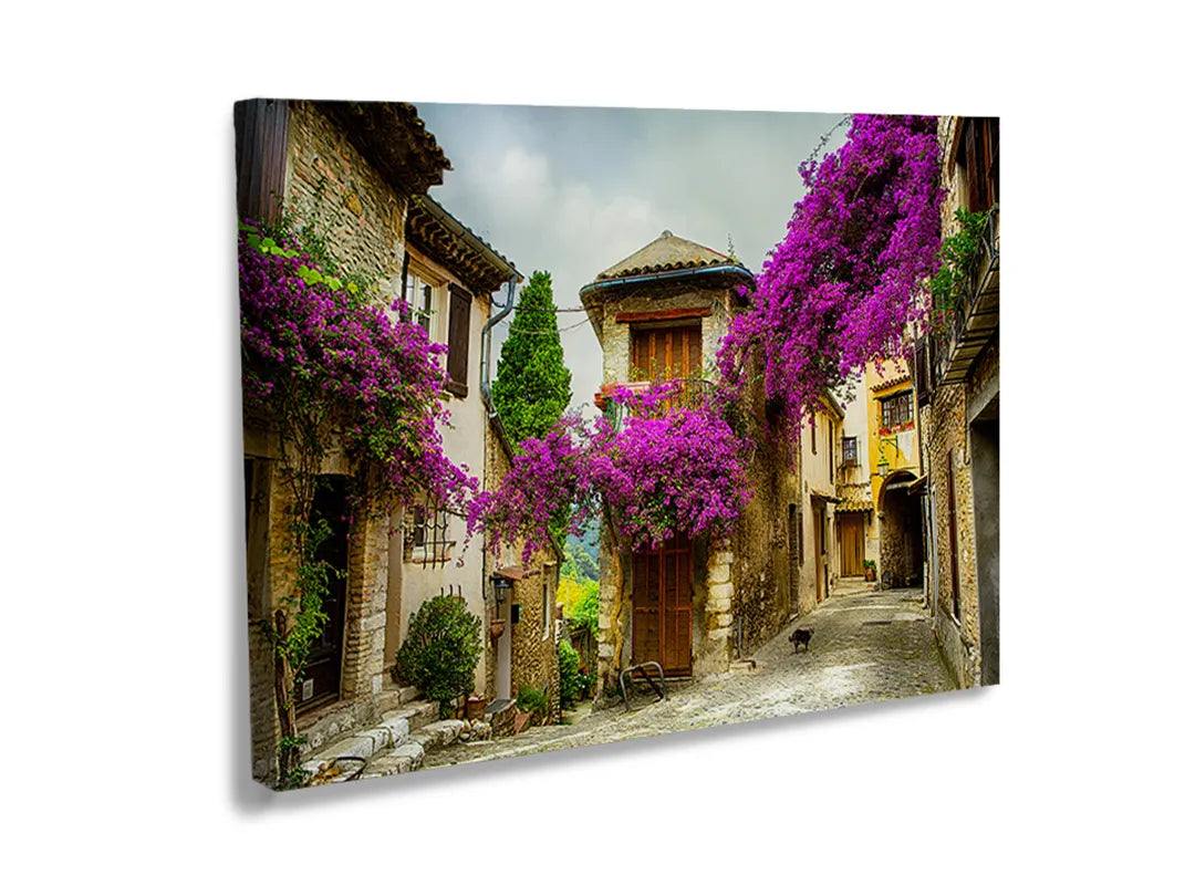 Kork-Pinnwände auf Leinwand mit mediterrane straße mit lila blumen – Format 120 × 80 cm