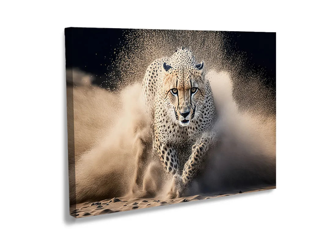 Kurkborden op canvas met sneeuwluipaard in een stofwolk – formaat 120 × 80 cm