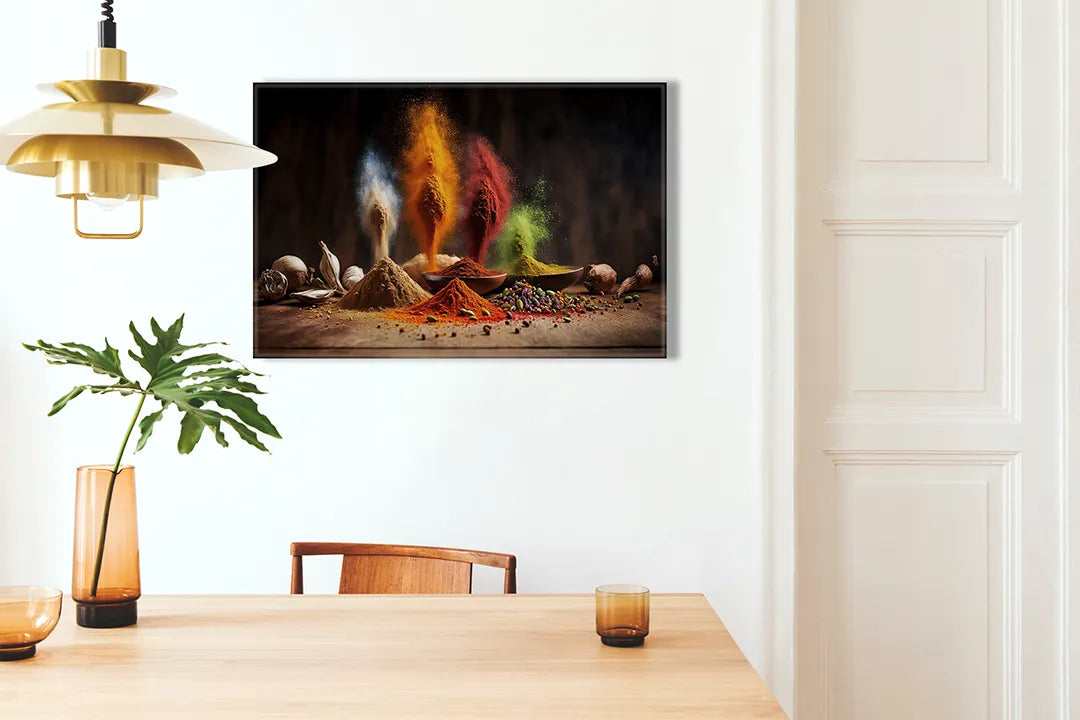 Kurkborden op canvas met kleurrijke kruiden en specerijen in beweging – formaat 100 × 70 cm