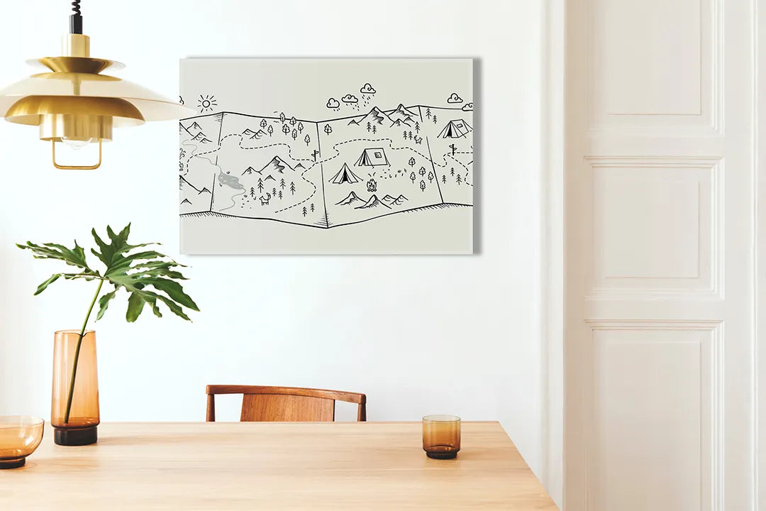 Kurkborden op canvas met minimalistische berglandschap lijntekening – formaat 100 × 70 cm