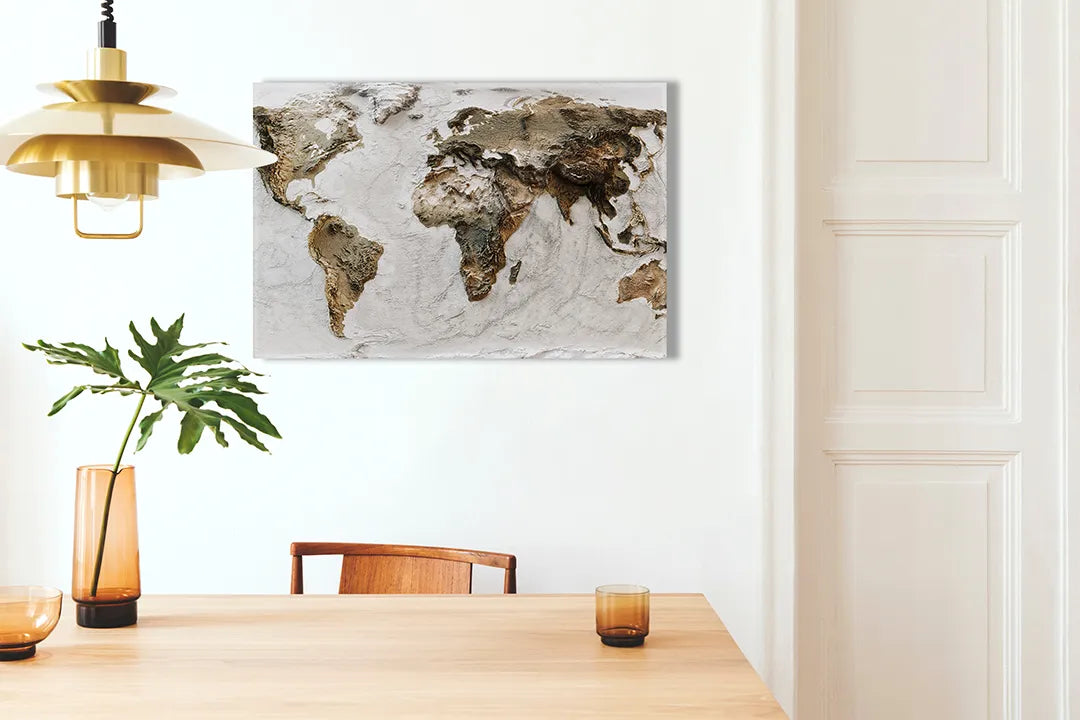 Kurkborden op canvas met wereldkaart in marmerstructuur – formaat 100 × 70 cm