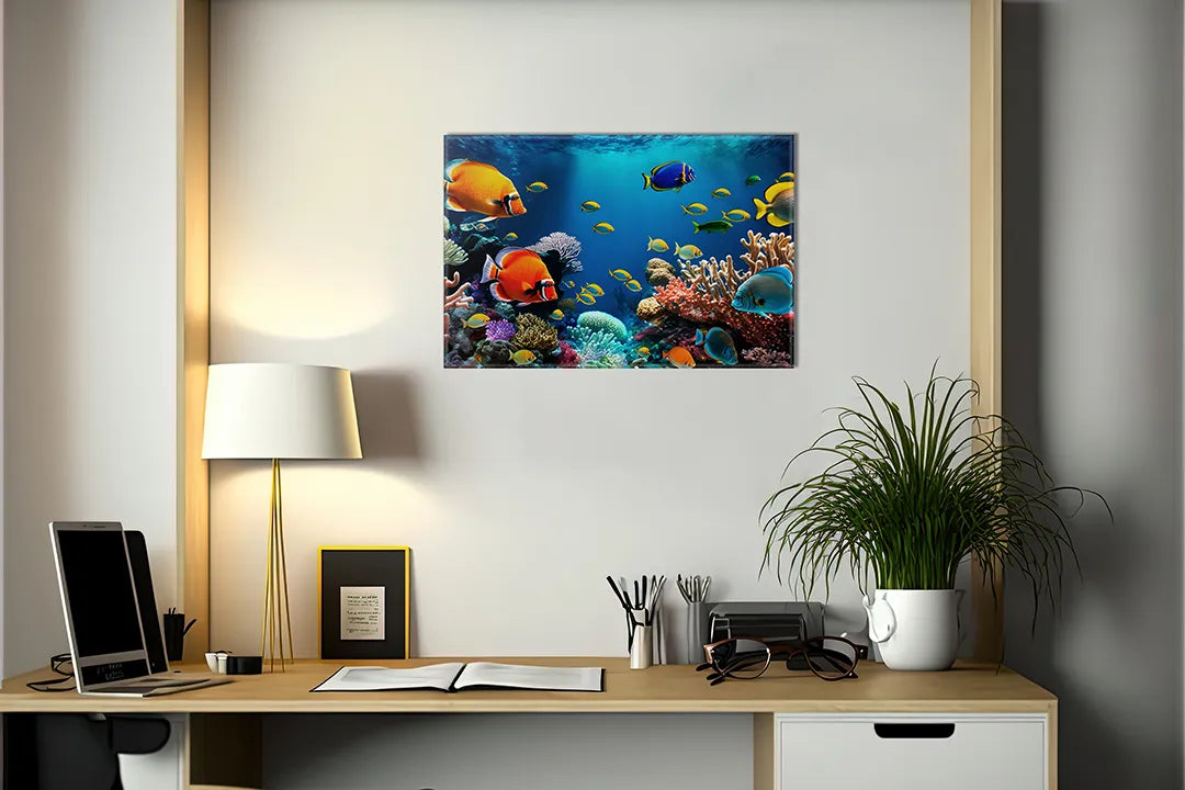 Kurkborden op canvas met tropische vissen bij kleurrijk koraal – formaat 140 × 100 cm