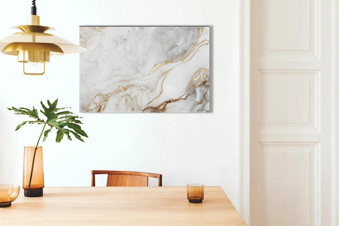 Kurkborden op canvas met licht marmer met warme goudaders – formaat 100 × 70 cm