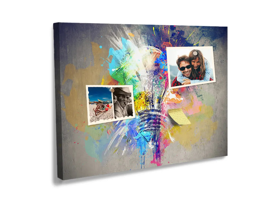 Kork-Pinnwände auf Leinwand mit bunte abstrakte glühbirne – Format 60 × 40 cm