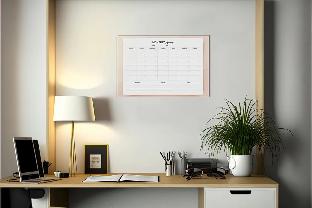 Kurkborden op canvas met minimalistische maandplanner in beige – formaat 140 × 100 cm