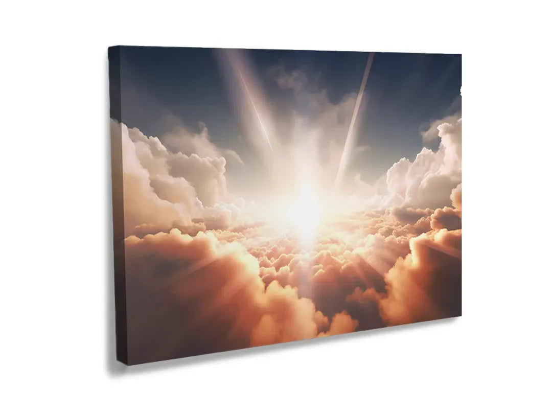 Kurkborden op canvas met zonlicht dat door wolken breekt – formaat 120 × 80 cm