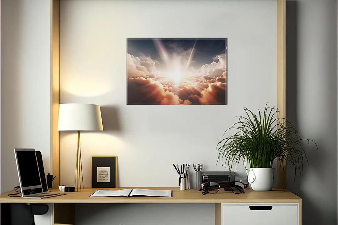 Kurkborden op canvas met zonlicht dat door wolken breekt – formaat 140 × 100 cm