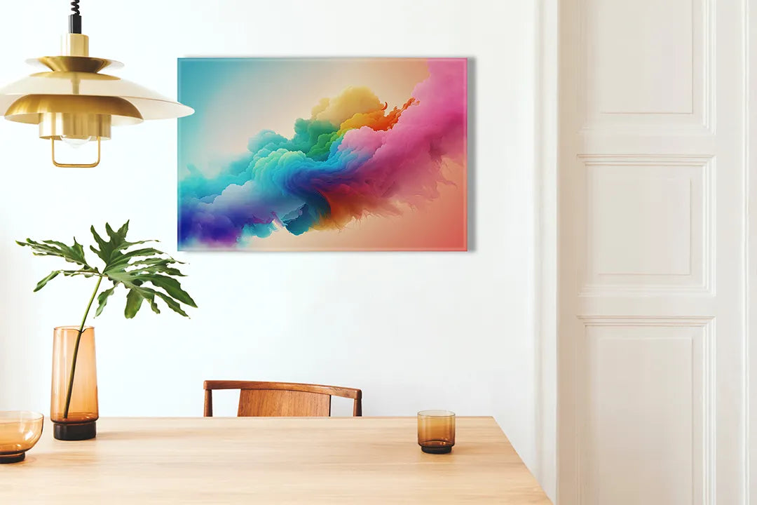Kurkborden op canvas met kleurrijke rookwolk op pastelachtergrond – formaat 100 × 70 cm