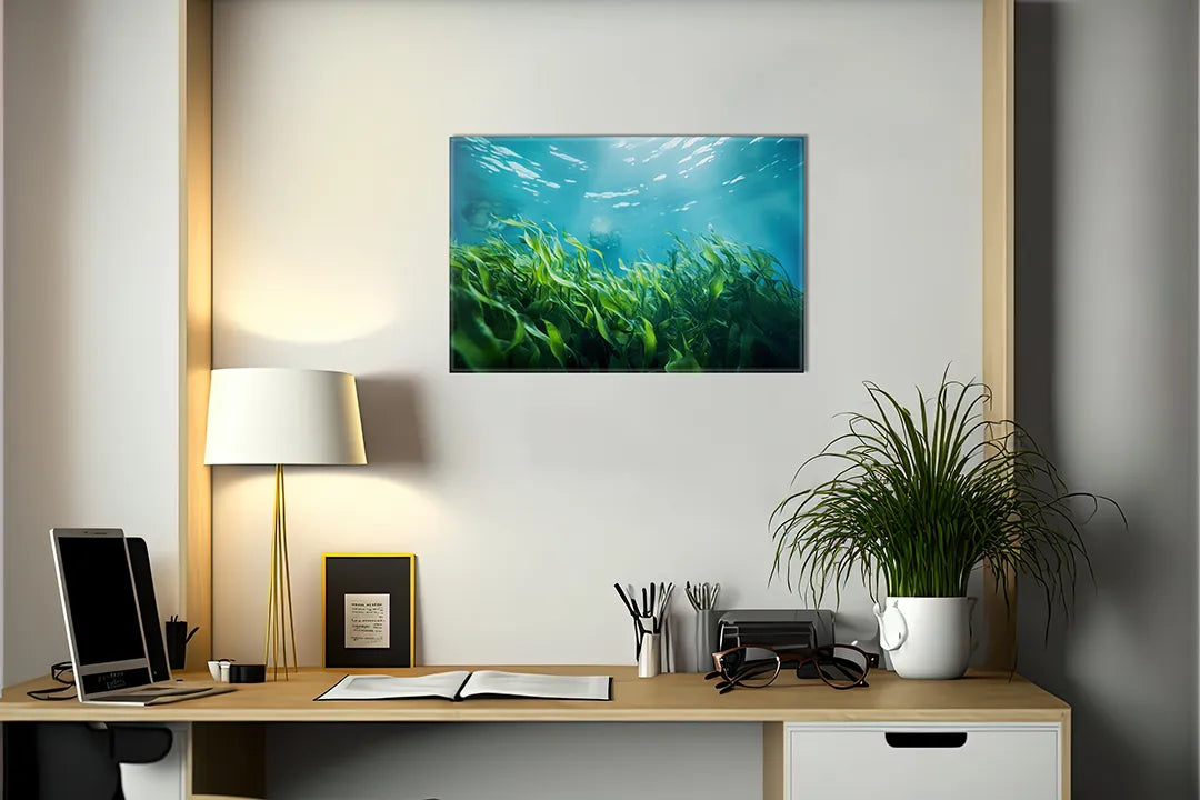 Kurkborden op canvas met onderwater gras in zonlicht – formaat 140 × 100 cm