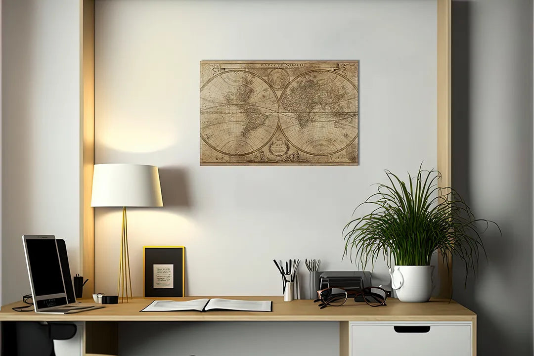 Kurkborden op canvas met antieke dubbele wereldkaart – formaat 140 × 100 cm