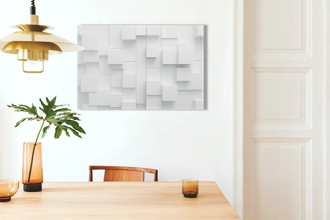 Kurkborden op canvas met witte driedimensionale blokkenwand – formaat 100 × 70 cm