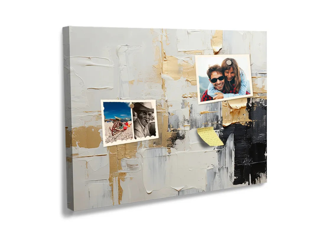 Kurkborden op canvas met abstract schilderij in wit goud en zwart – formaat 60 × 40 cm