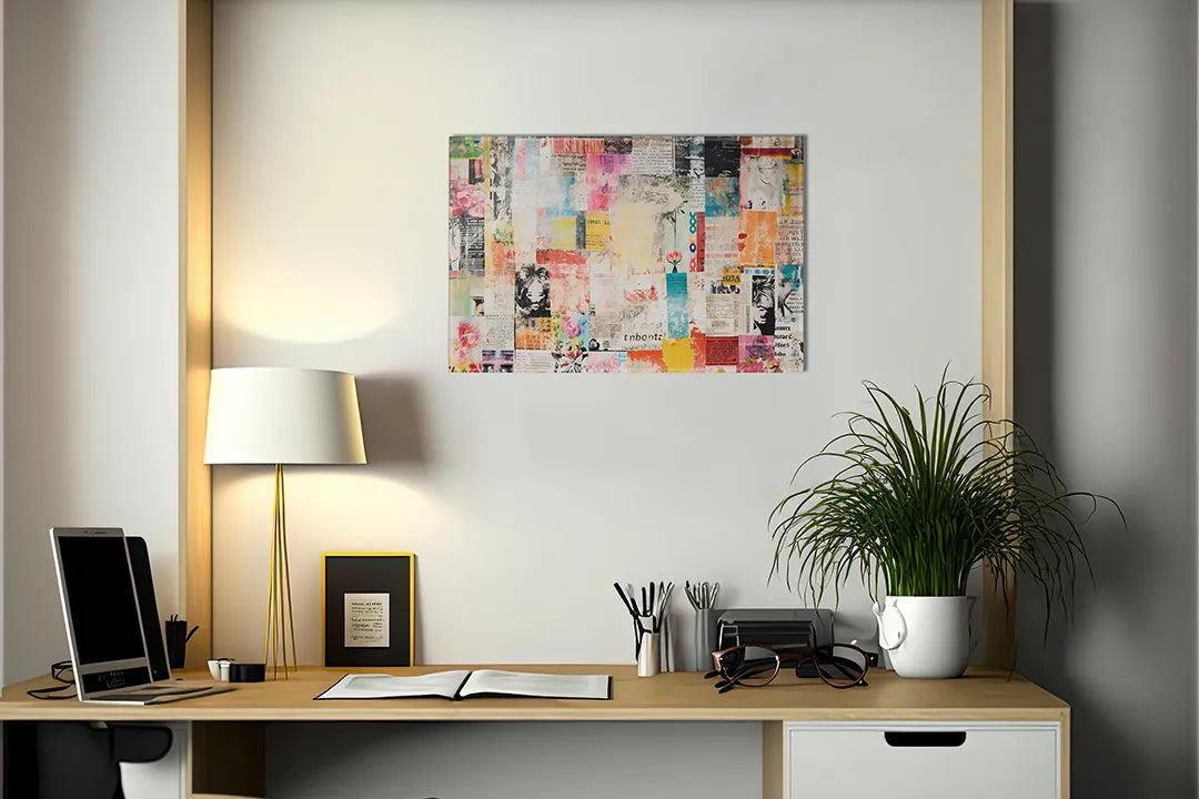 Kurkborden op canvas met kleurrijke collage van posters – formaat 140 × 100 cm