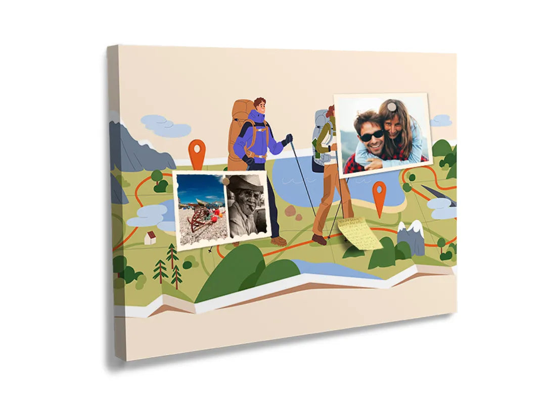 Kurkborden op canvas met wandelaars in een geïllustreerd landschap – formaat 60 × 40 cm