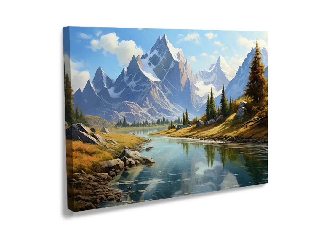 Kurkborden op canvas met bergmeer met dennenbomen – formaat 120 × 80 cm