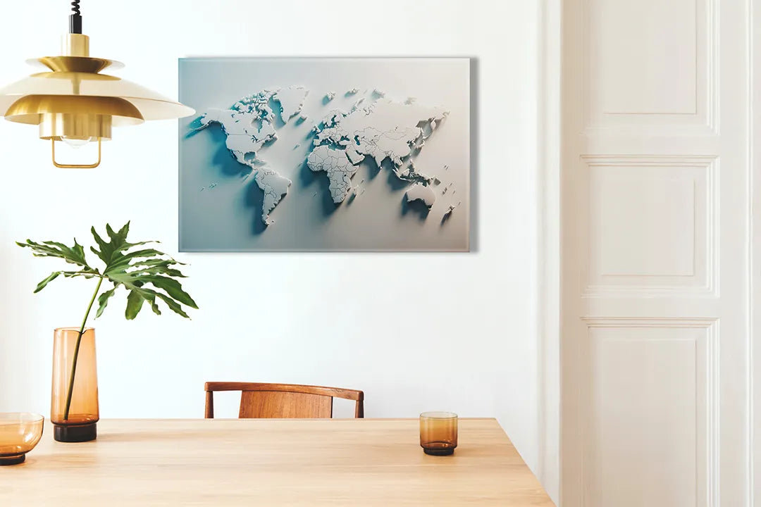 Kurkborden op canvas met witte driedimensionale wereldkaart – formaat 100 × 70 cm