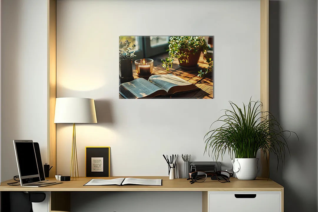 Kurkborden op canvas met open boek met planten en kaarslicht – formaat 140 × 100 cm