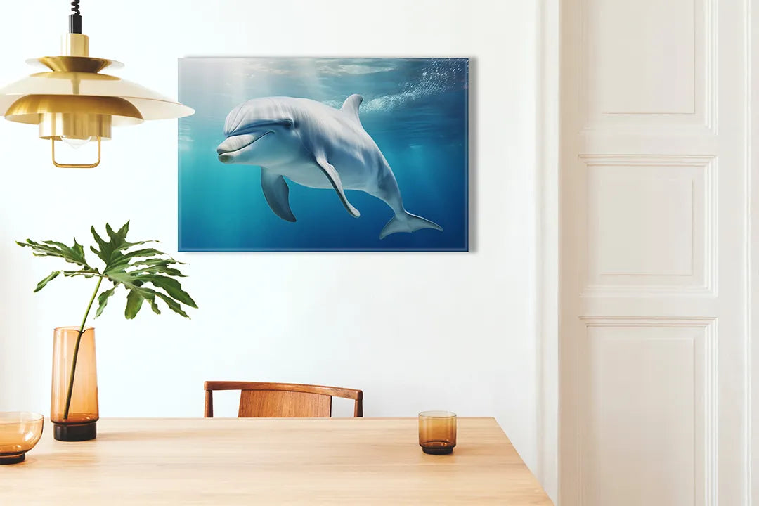 Kurkborden op canvas met dolfijn onder helder water – formaat 100 × 70 cm