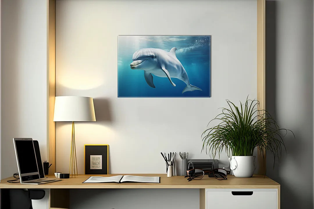 Kurkborden op canvas met dolfijn onder helder water – formaat 140 × 100 cm