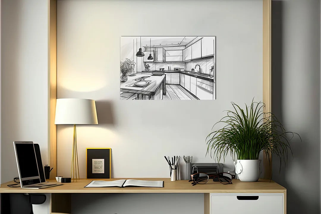 Kurkborden op canvas met architectuurschets van moderne keuken – formaat 140 × 100 cm