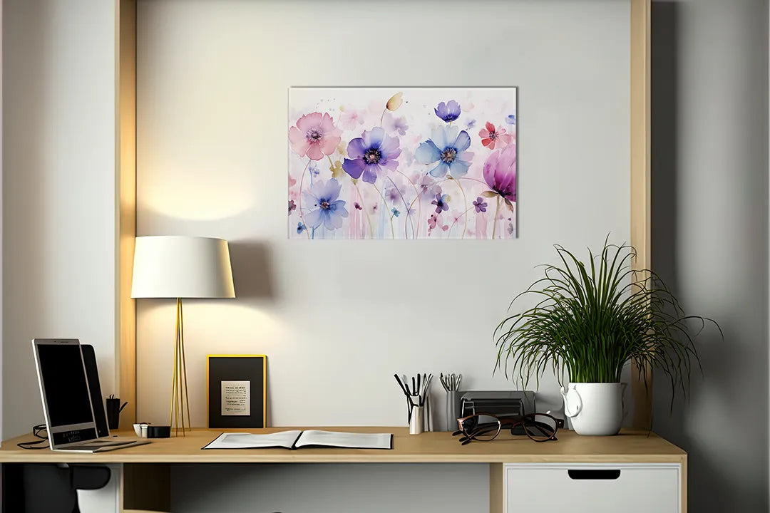 Kurkborden op canvas met aquarelbloemen in roze en paars – formaat 140 × 100 cm