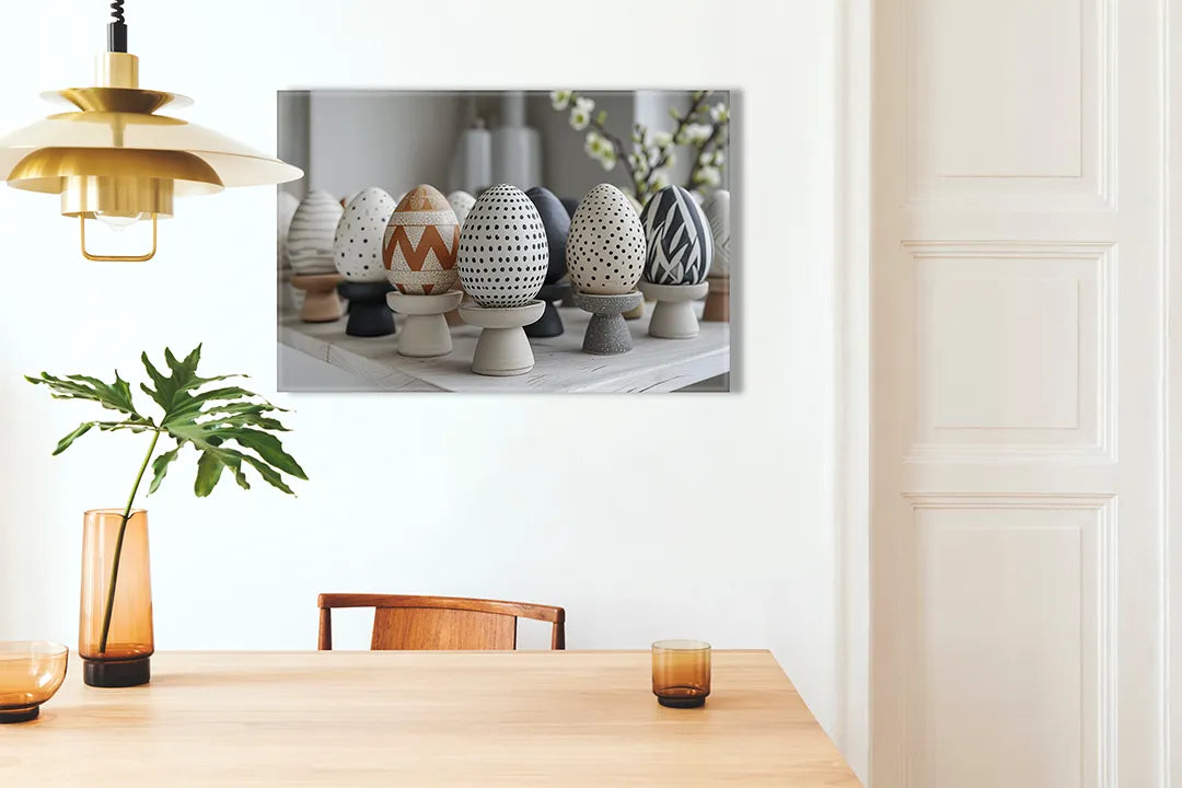 Kurkborden op canvas met decoratieve paaseieren in neutrale tinten – formaat 100 × 70 cm