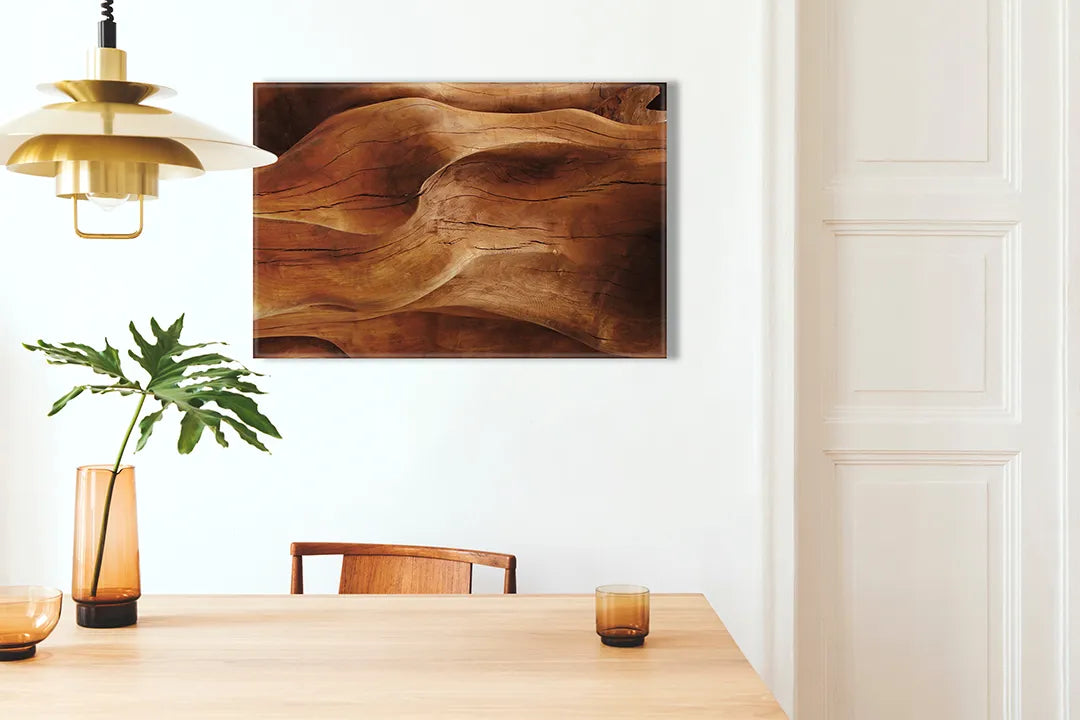 Kurkborden op canvas met golvend hout in warme bruintinten – formaat 100 × 70 cm