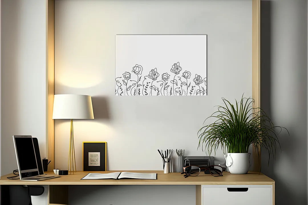 Kurkborden op canvas met minimalistische lijntekening van bloemen – formaat 140 × 100 cm