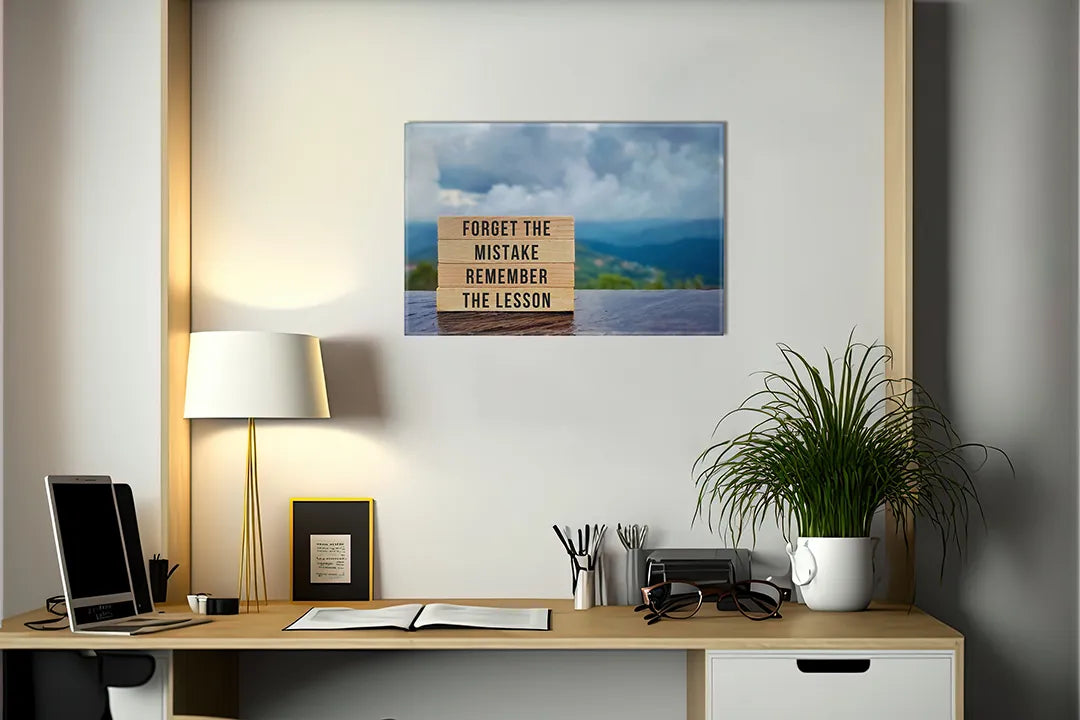 Kurkborden op canvas met motiverende quote over fouten en lessen – formaat 140 × 100 cm