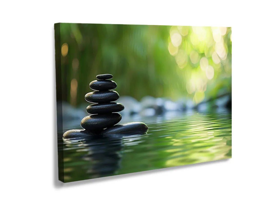 Kurkborden op canvas met zenstenen aan rustig water – formaat 120 × 80 cm