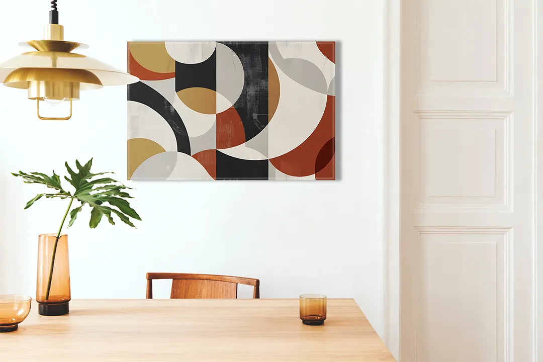 Kurkborden op canvas met retro geometrische vormen in aardetinten – formaat 100 × 70 cm