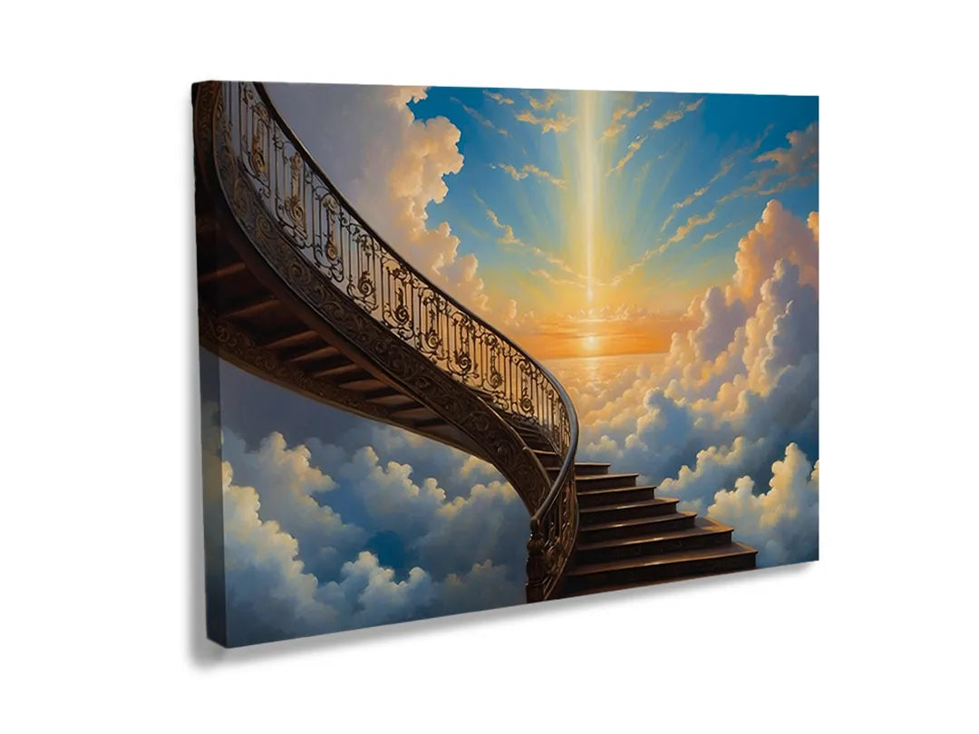 Kurkborden op canvas met trap naar de hemel tussen wolken – formaat 120 × 80 cm