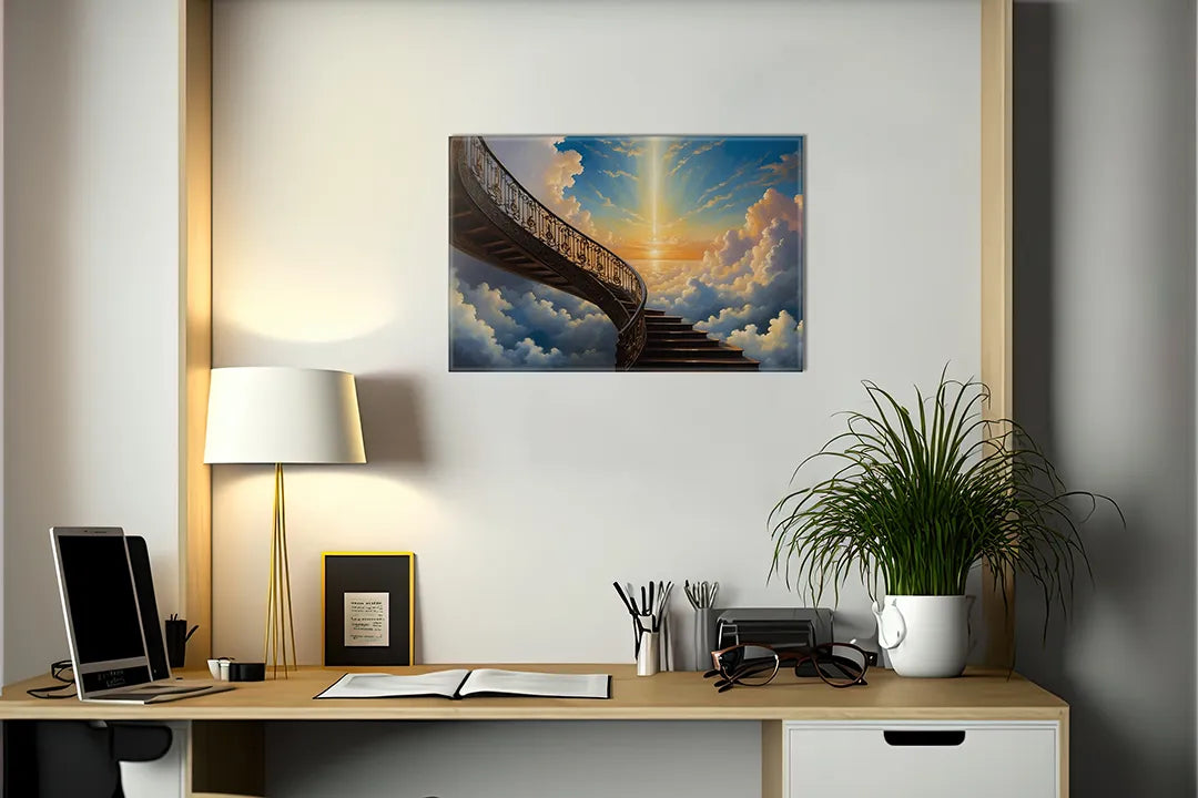 Kurkborden op canvas met trap naar de hemel tussen wolken – formaat 140 × 100 cm