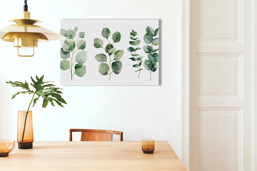 Kurkborden op canvas met eucalyptusbladeren op witte achtergrond – formaat 100 × 70 cm