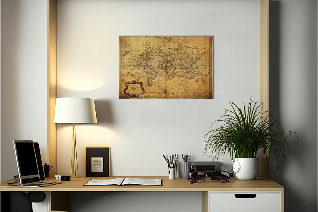 Kork-Pinnwände auf Leinwand mit antike weltkarte met kompas – Format 140 × 100 cm