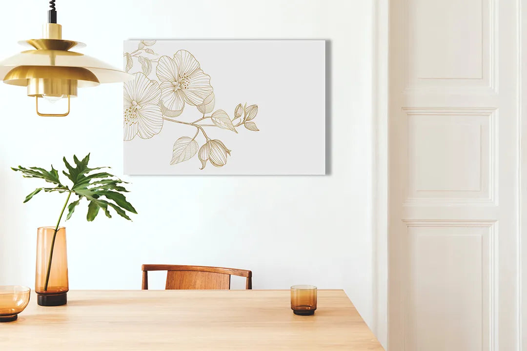 Kurkborden op canvas met gouden botanische lijntekening – formaat 100 × 70 cm