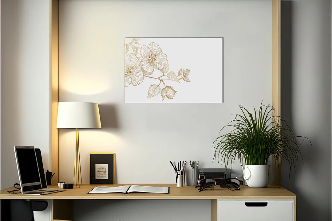 Kurkborden op canvas met gouden botanische lijntekening – formaat 140 × 100 cm